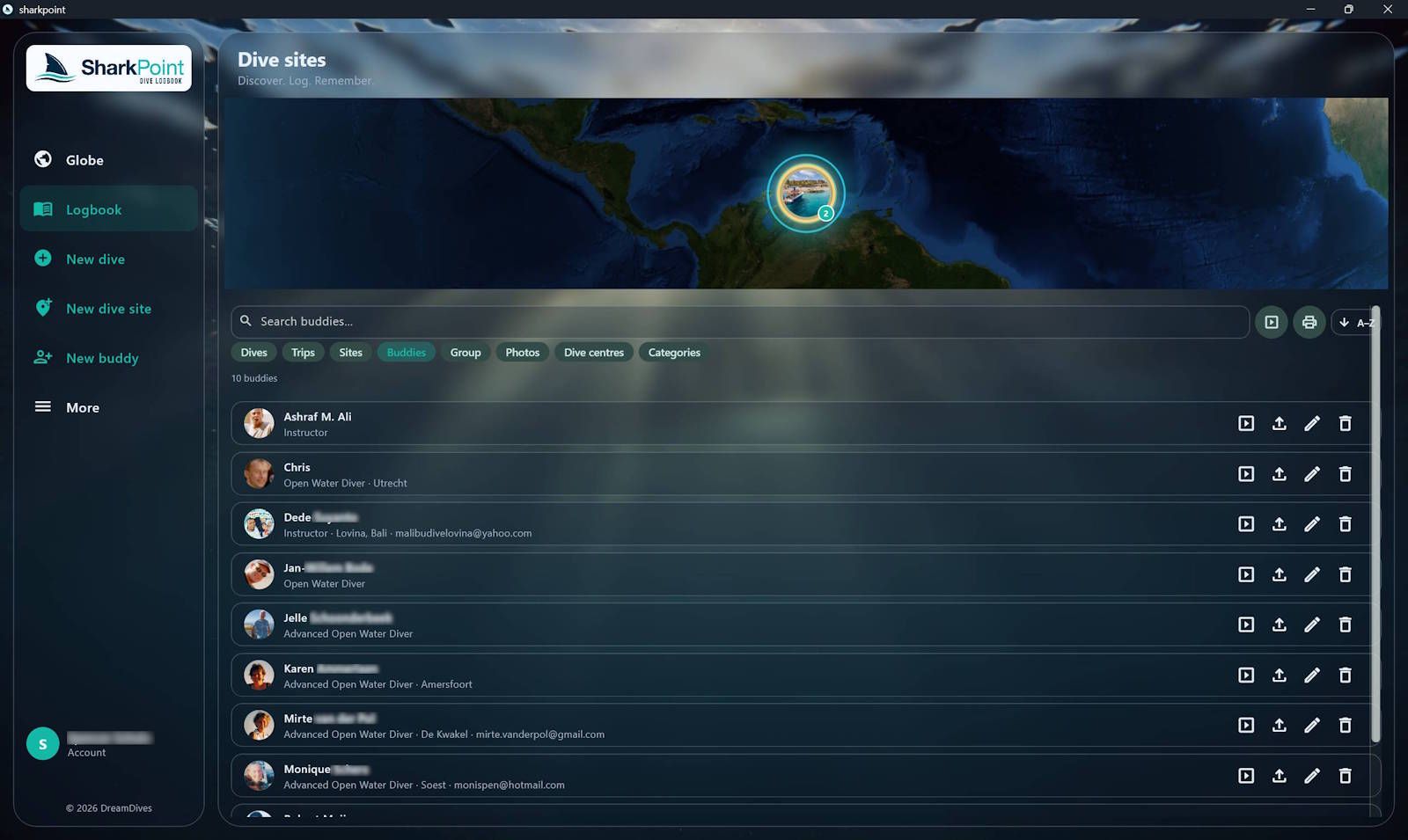 Buddy list in the SharkPoint logbook