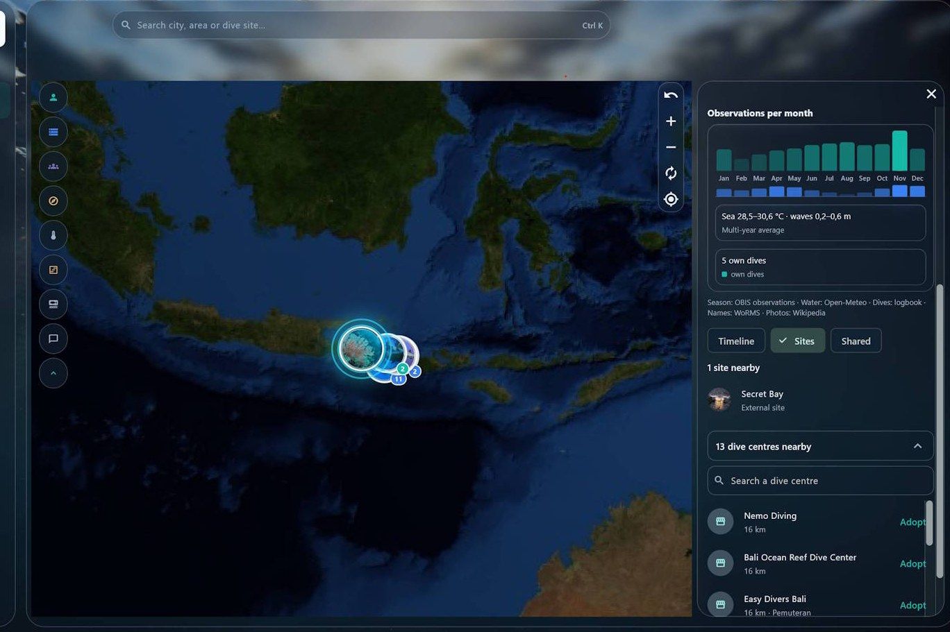 Dive centres nearby a site on the globe