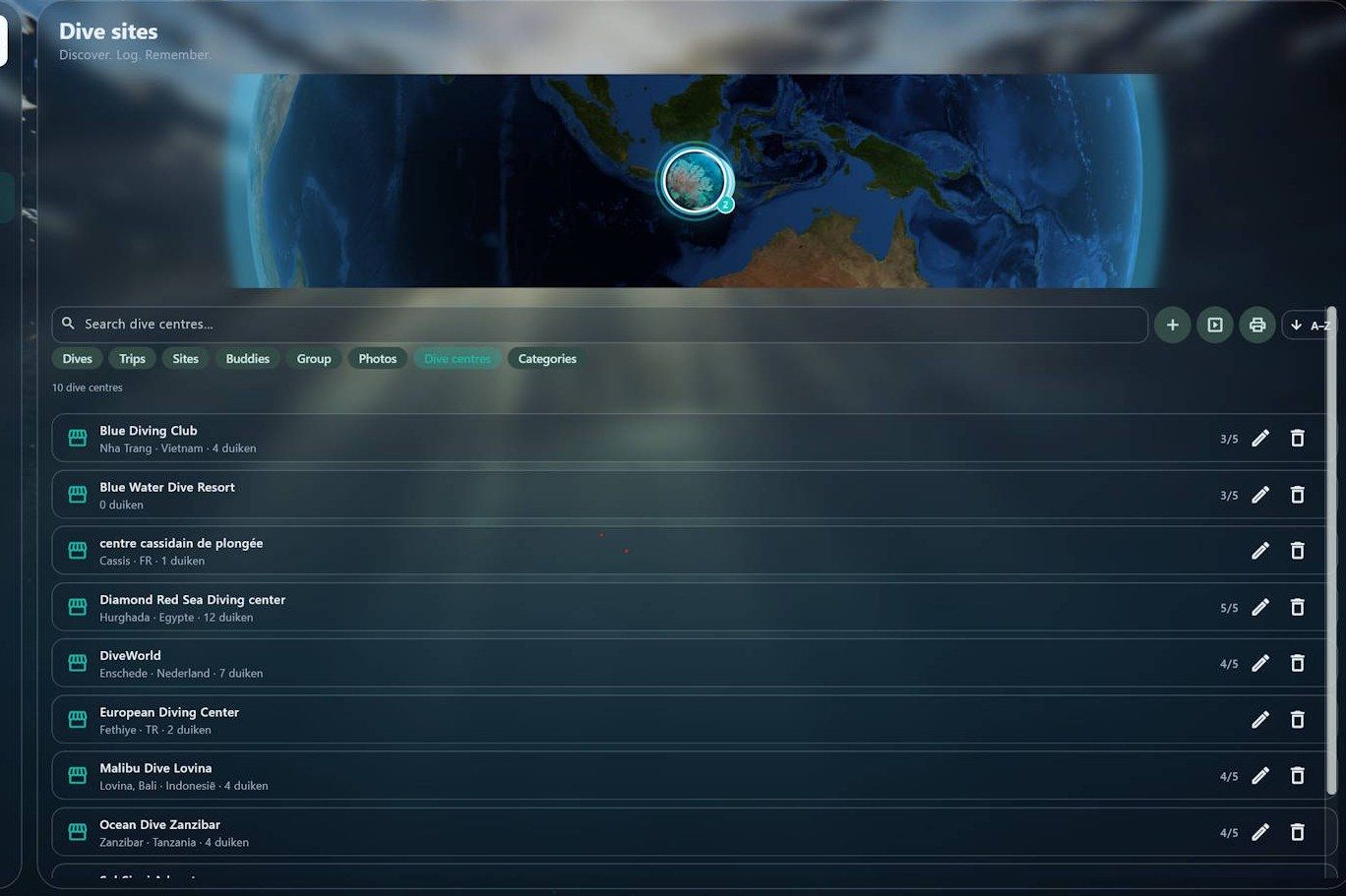 Dive centres list in the SharkPoint logbook