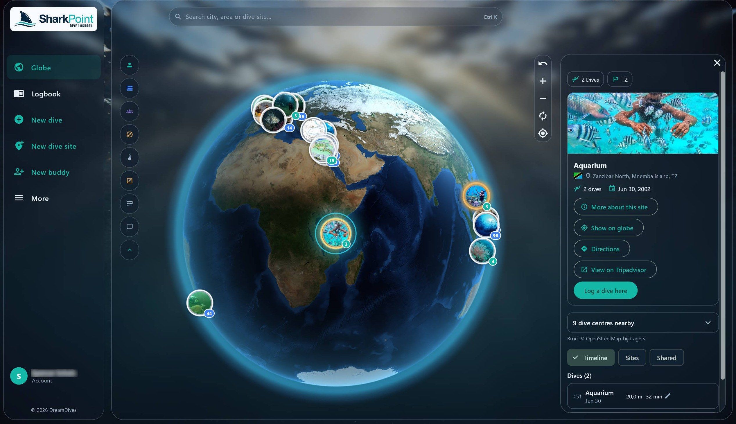 SharkPoint globe with dive pins and a site panel