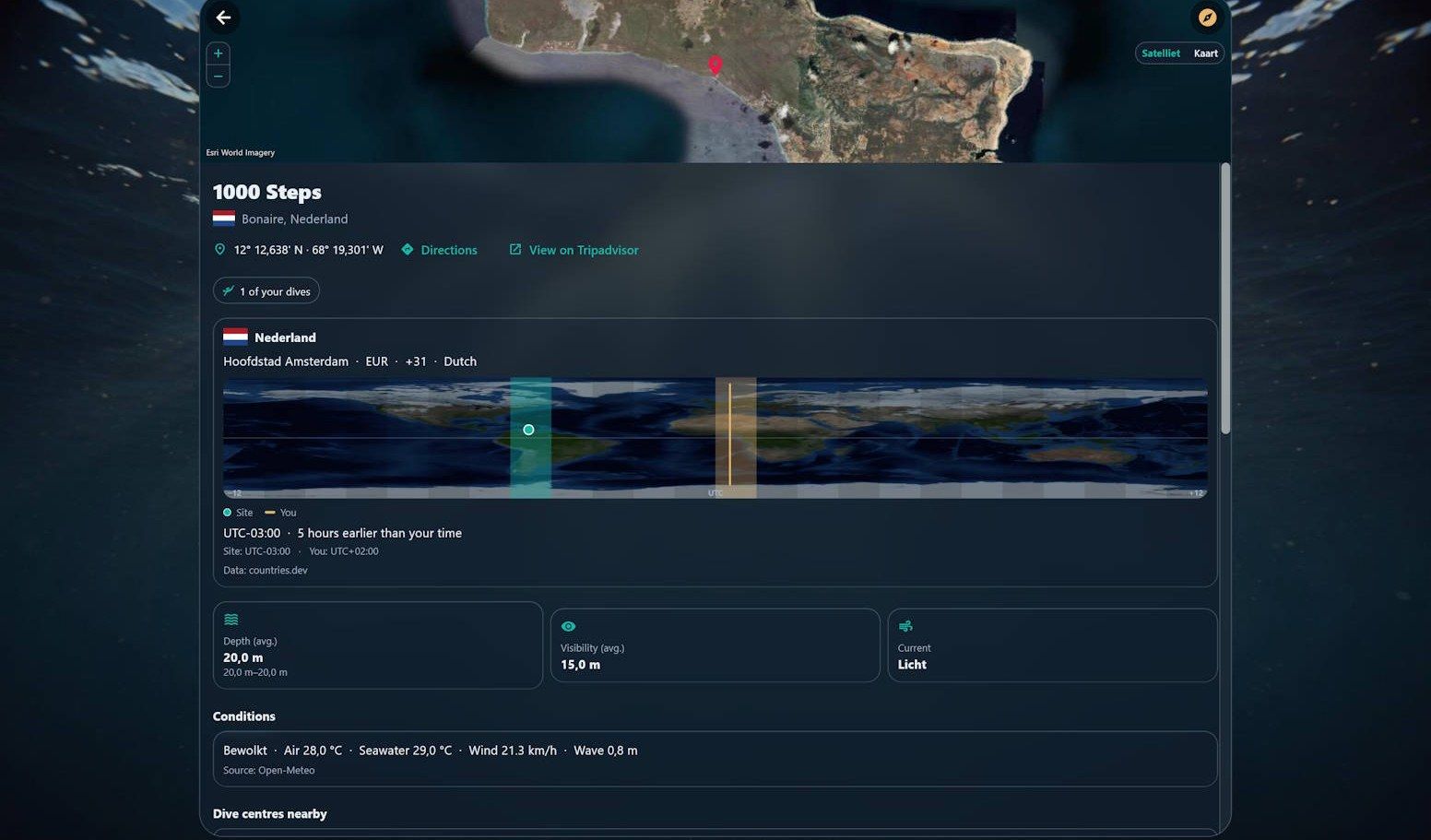 Dive site dossier with map, time zone and conditions